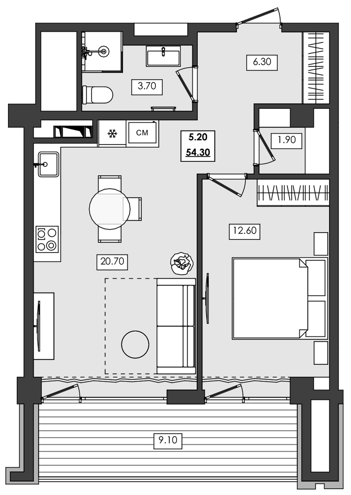 Планировка — Алушта-Ривьера, 1-комн., 45 м²