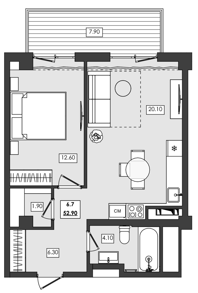 Планировка — Алушта-Ривьера, 1-комн., 45 м²