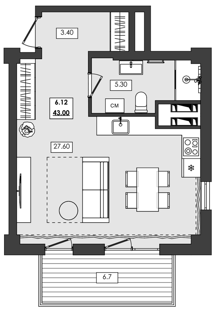 Планировка — Алушта-Ривьера, Студия, 36 м²