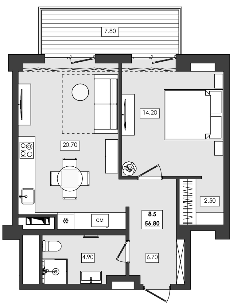 Планировка — Алушта-Ривьера, 1-комн., 49 м²