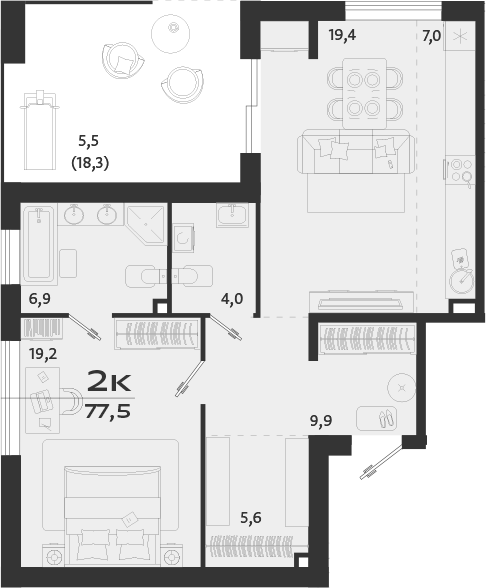 Планировка — ROYALTA, 1-комн., 72 м²