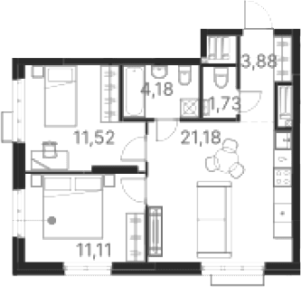 Планировка — Атлас Ривер, 2-комн., 54 м²