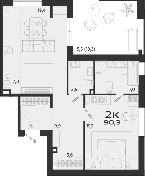 Планировка — ROYALTA, 1-комн., 72 м²