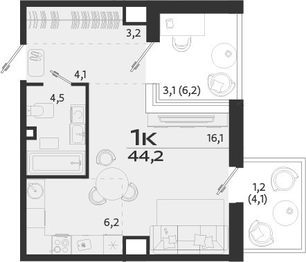Планировка — ROYALTA, Студия, 34 м²
