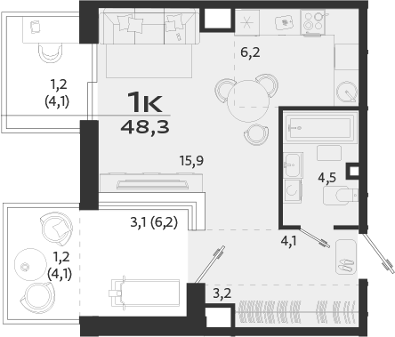 Планировка — ROYALTA, Студия, 34 м²