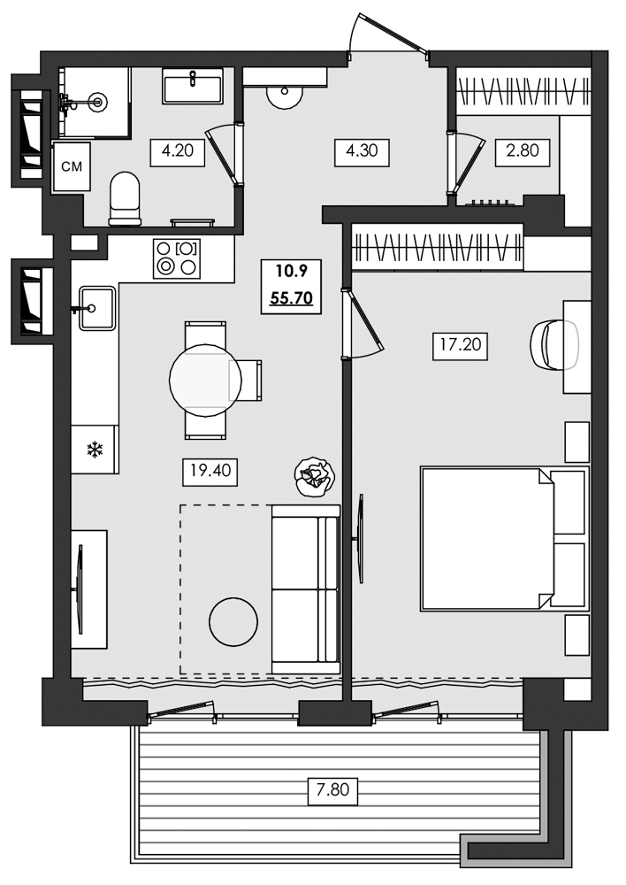 Планировка — Алушта-Ривьера, 1-комн., 48 м²
