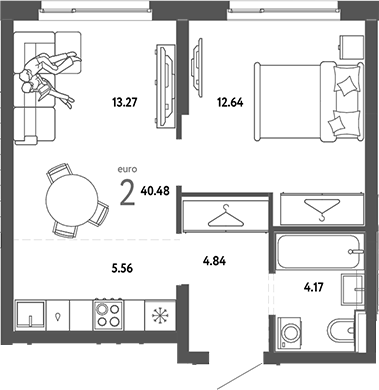 Планировка — Страна.Энтузиастов, 2-комн., 40 м²