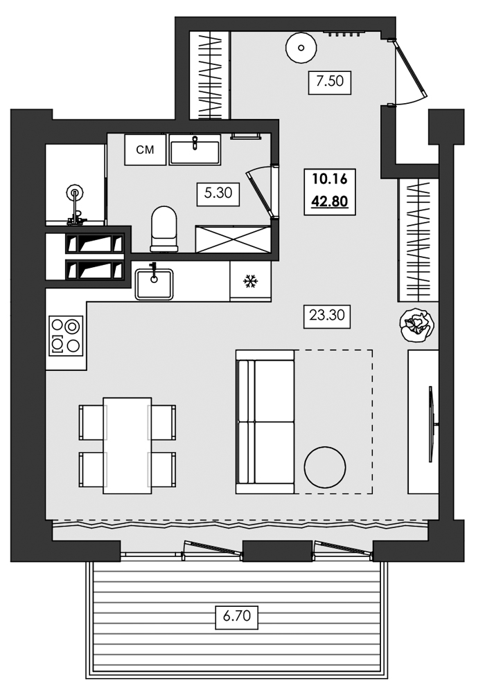 Планировка — Алушта-Ривьера, Студия, 36 м²