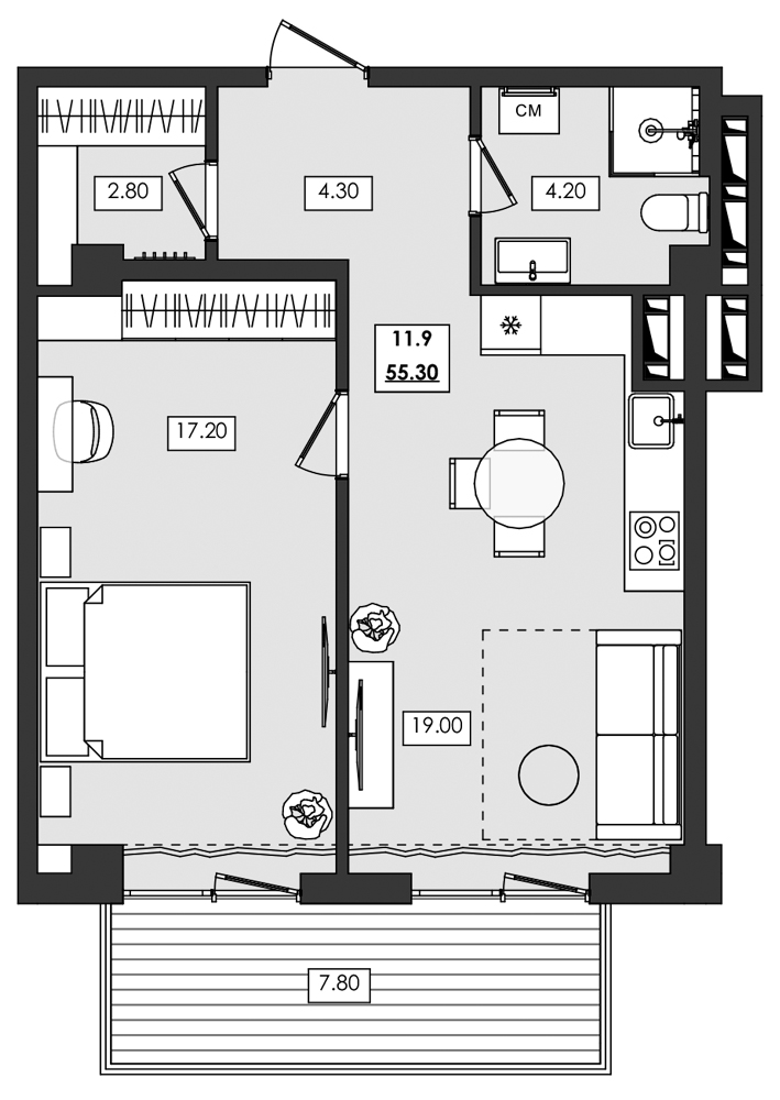 Планировка — Алушта-Ривьера, 1-комн., 48 м²