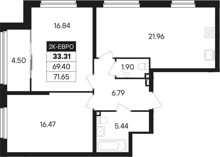 Планировка — Динамика, 3-комн., 69 м²