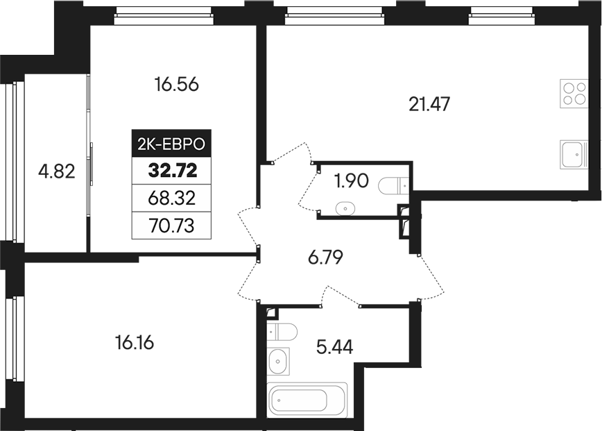 Планировка — Динамика, 3-комн., 68 м²