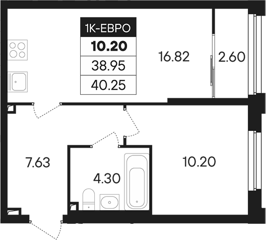 Планировка — Динамика, 2-комн., 39 м²