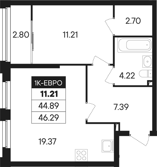 Планировка — Динамика, 2-комн., 45 м²