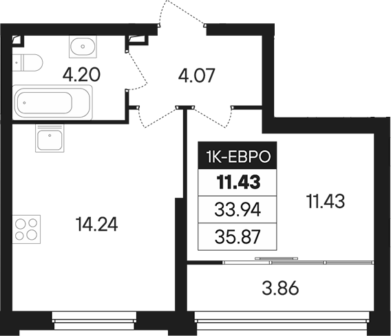 Планировка — Динамика, 2-комн., 34 м²