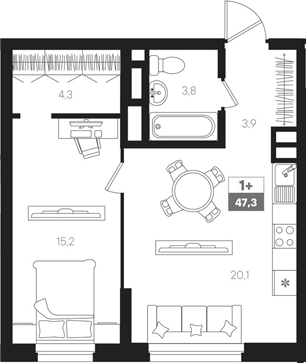 Планировка — Интро, 2-комн., 47 м²