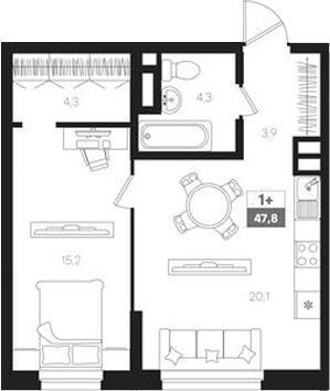 Планировка — Интро, 2-комн., 48 м²