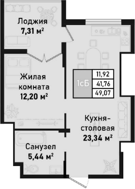 Планировка — Бухта Счастливая, 2-комн., 41 м²