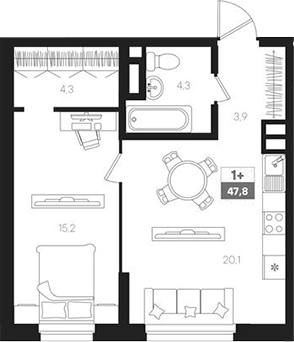 Планировка — Интро, 2-комн., 48 м²