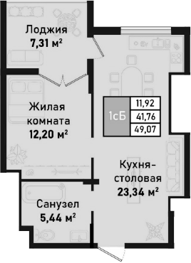 Планировка — Бухта Счастливая, 2-комн., 41 м²