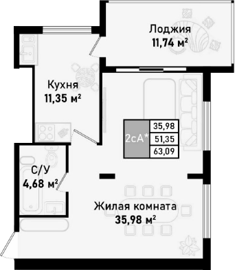 Планировка — Бухта Счастливая, 1-комн., 57 м²