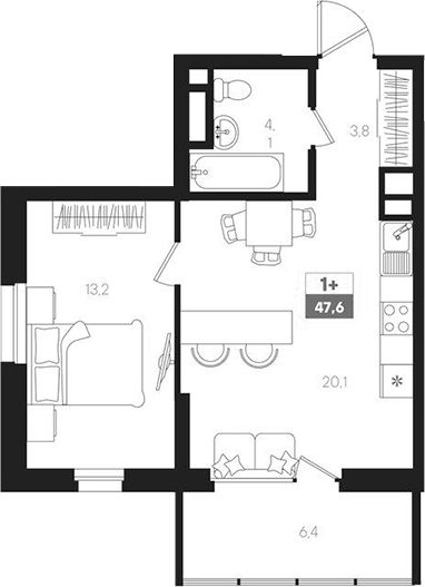 Планировка — Интро, 2-комн., 41 м²
