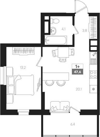 Планировка — Интро, 2-комн., 41 м²