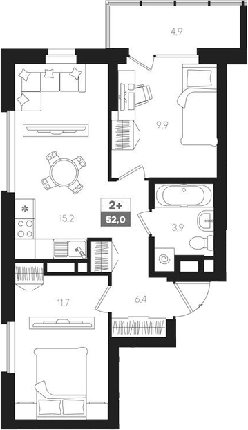 Планировка — Интро, 3-комн., 47 м²