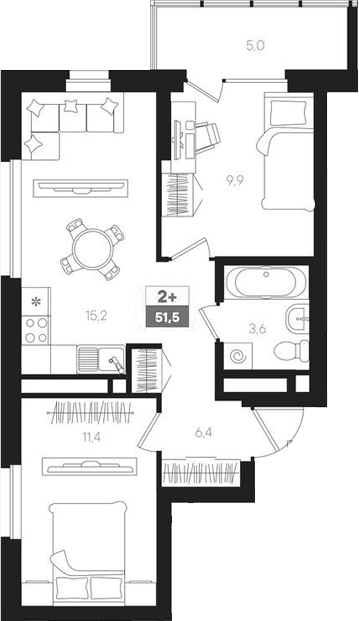 Планировка — Интро, 3-комн., 47 м²