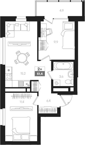 Планировка — Интро, 3-комн., 47 м²