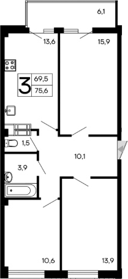Планировка — Доброгород, 3-комн., 70 м²