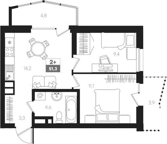 Планировка — Интро, 3-комн., 43 м²