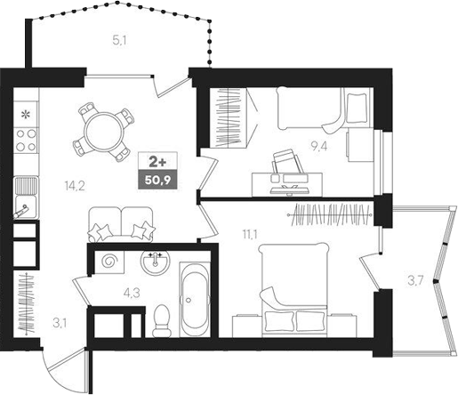 Планировка — Интро, 3-комн., 42 м²