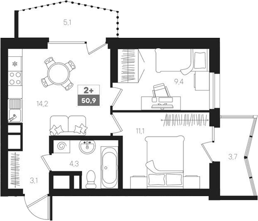 Планировка — Интро, 3-комн., 42 м²