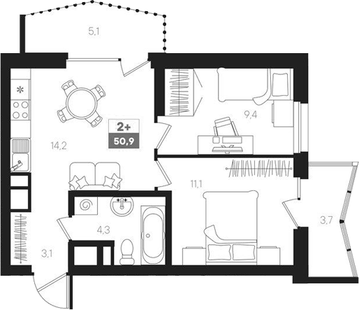 Планировка — Интро, 3-комн., 42 м²