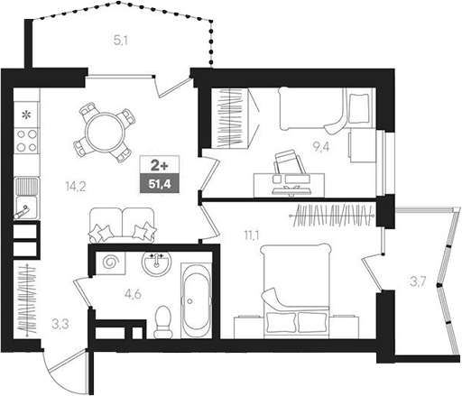Планировка — Интро, 3-комн., 43 м²