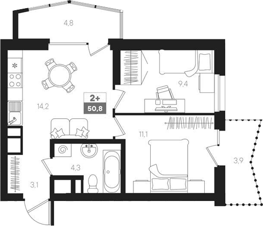 Планировка — Интро, 3-комн., 42 м²