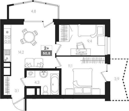 Планировка — Интро, 3-комн., 42 м²