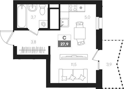 Планировка — Интро, Студия, 24 м²