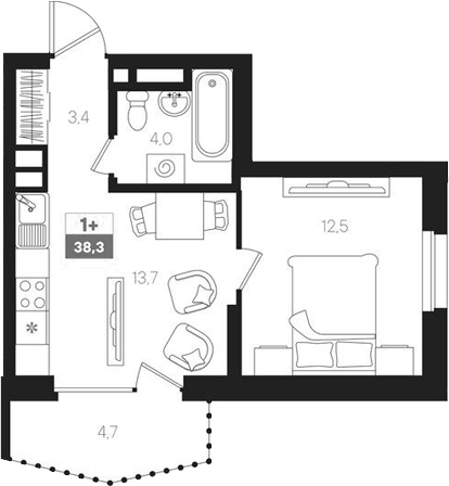 Планировка — Интро, 2-комн., 34 м²
