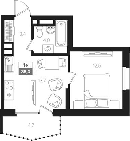 Планировка — Интро, 2-комн., 34 м²