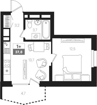 Планировка — Интро, 2-комн., 33 м²