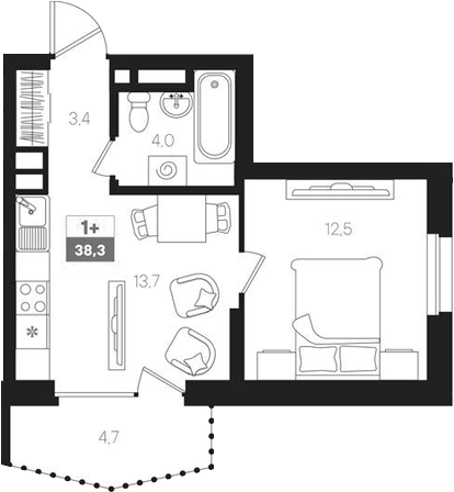 Планировка — Интро, 2-комн., 34 м²