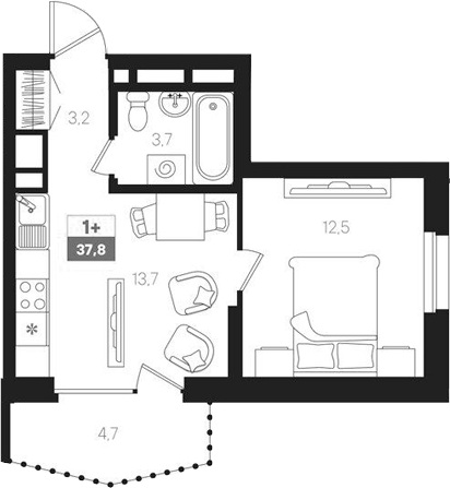 Планировка — Интро, 2-комн., 33 м²