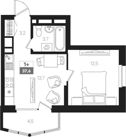 Планировка — Интро, 2-комн., 33 м²