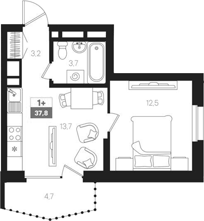 Планировка — Интро, 2-комн., 33 м²