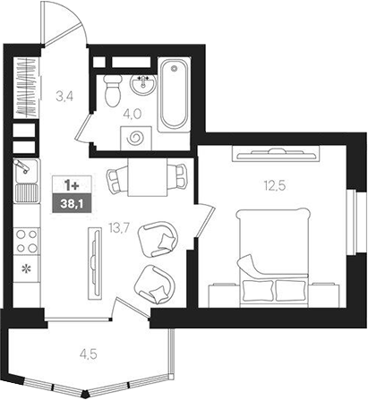 Планировка — Интро, 2-комн., 34 м²