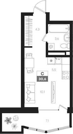 Планировка — Интро, Студия, 24 м²
