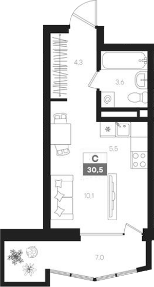 Планировка — Интро, Студия, 24 м²