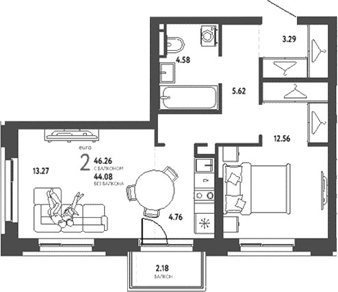 Планировка — Уральский сад, 2-комн., 44 м²