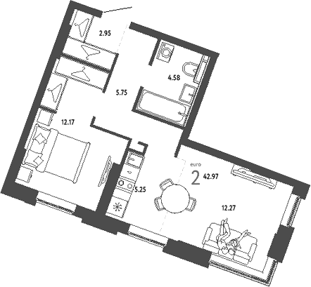 Планировка — Уральский сад, 2-комн., 43 м²